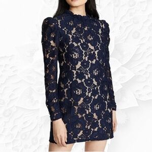 Wayf Blue Emma Lace Puff Long Sleeve Shift Mini Dress Size XS